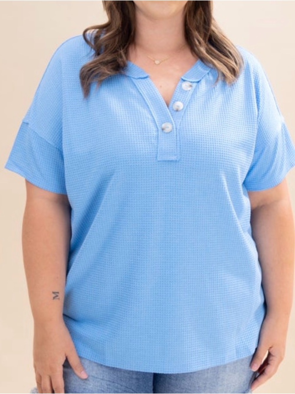 Relaxed Waffle-Knit Henley Top - Light Blue